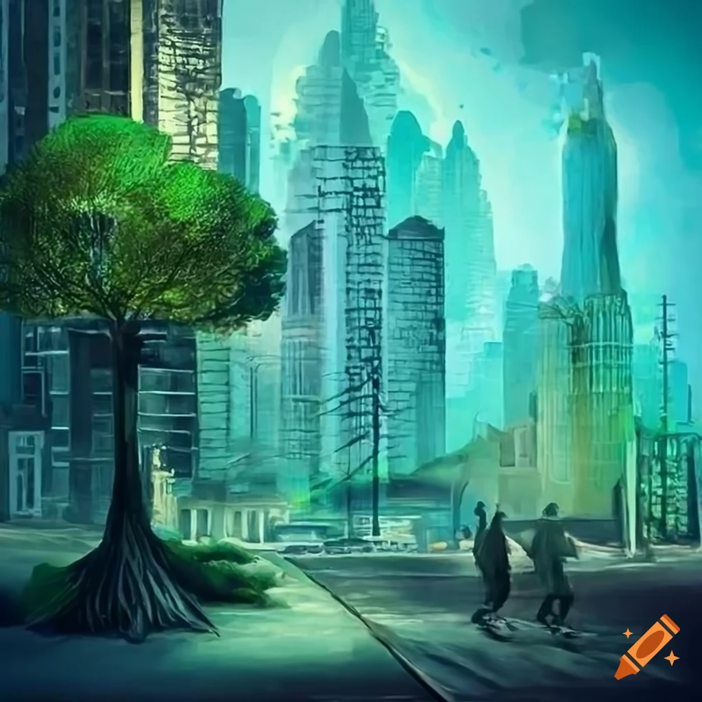 Surreal urban cityscape with magical green light on Craiyon