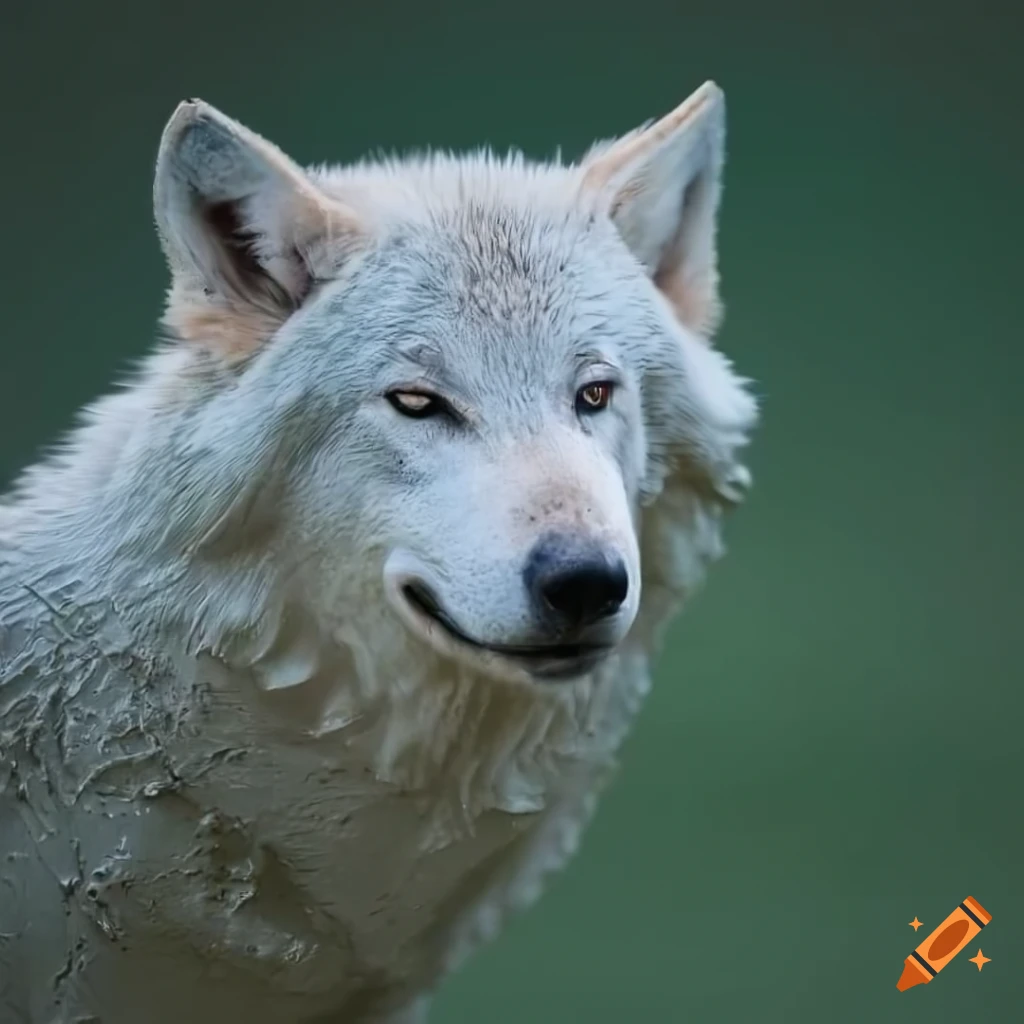 realistic image of a muddy white wolf with closed eyes