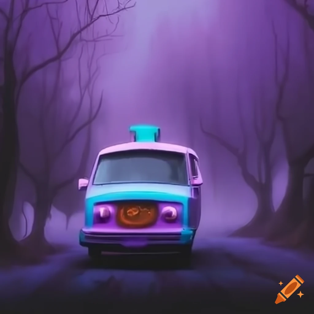 Scooby doo mystery machine van in a purple fog on Craiyon
