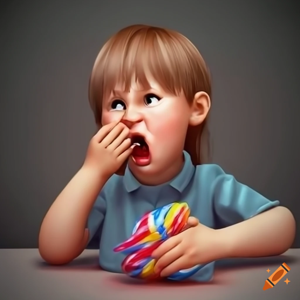 3D illustration of a kid choking on a candy