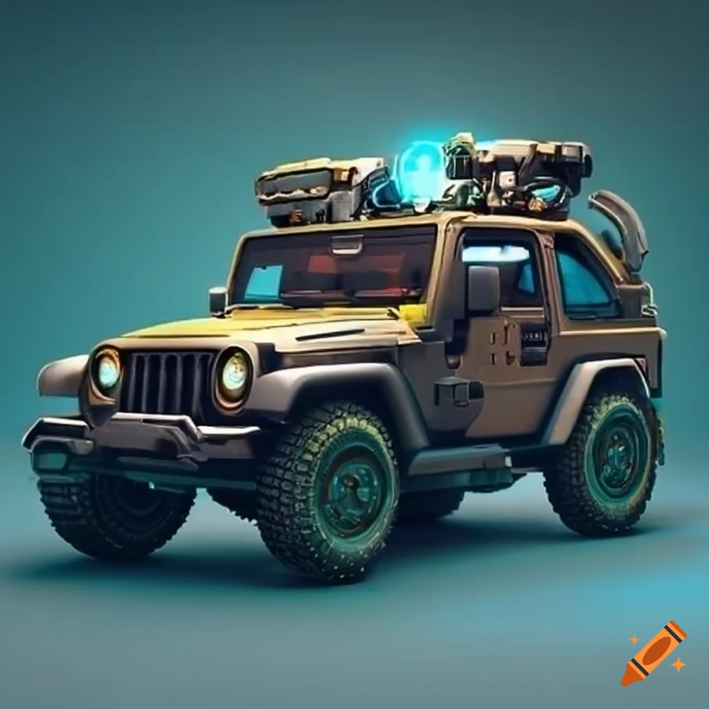 Mechanic's scifi jeep with cyan accents on Craiyon