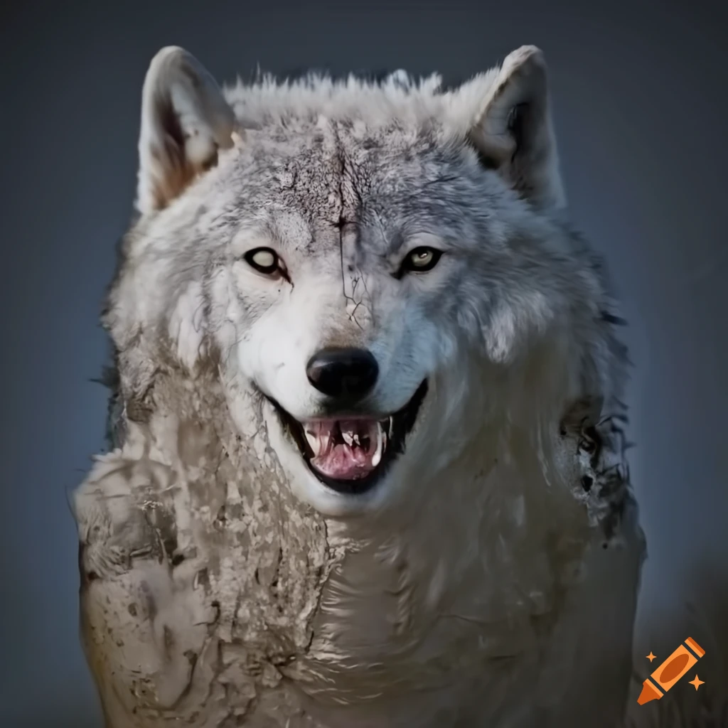smiling white wolf covered in mud