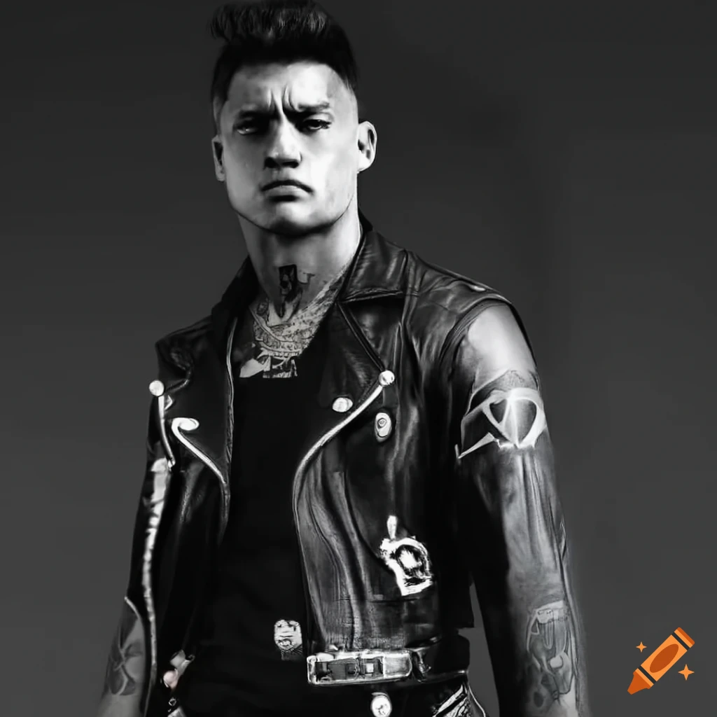 image of a badass biker with a leather jacket and tattoos
