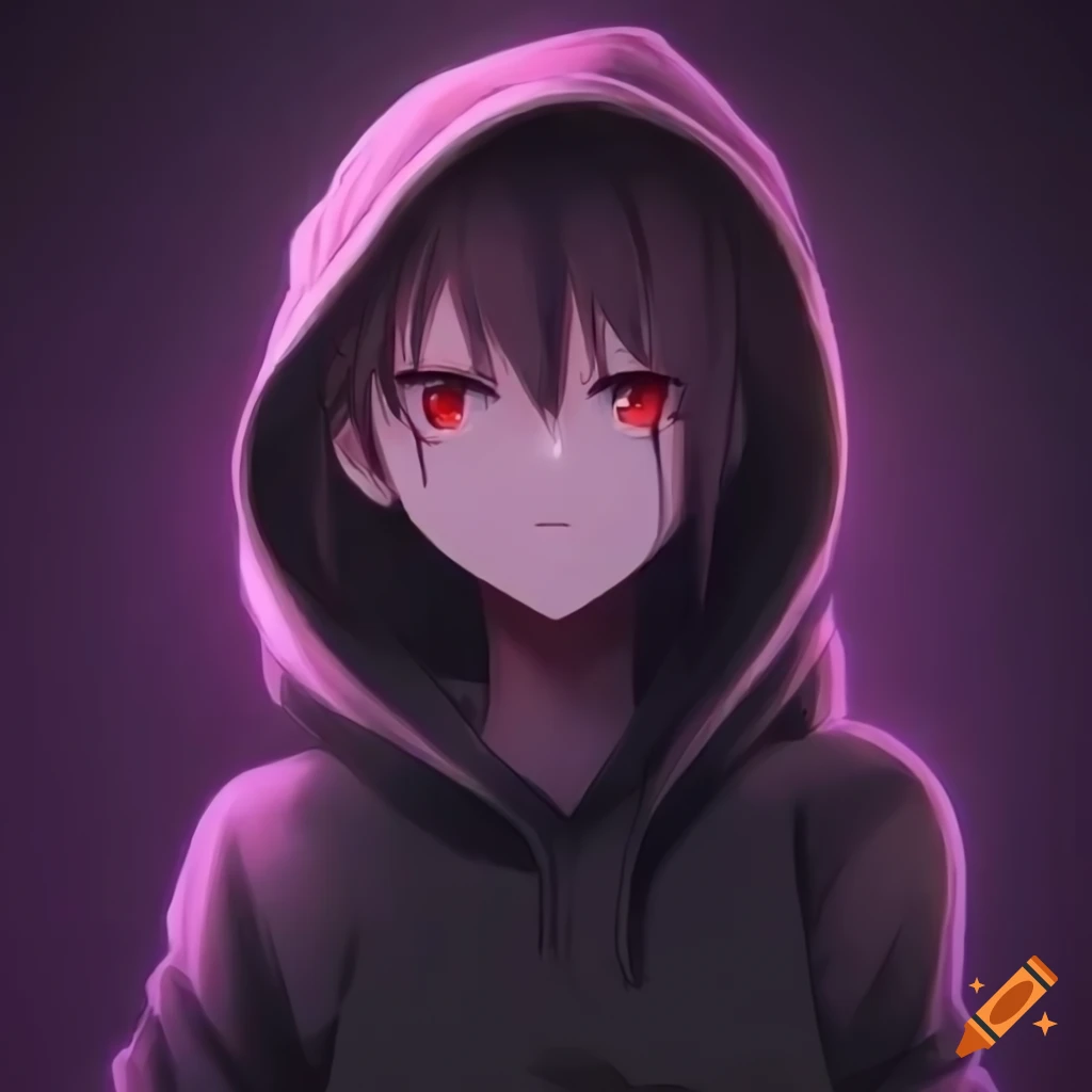 Anime girl with black hoodie and intense gaze on Craiyon