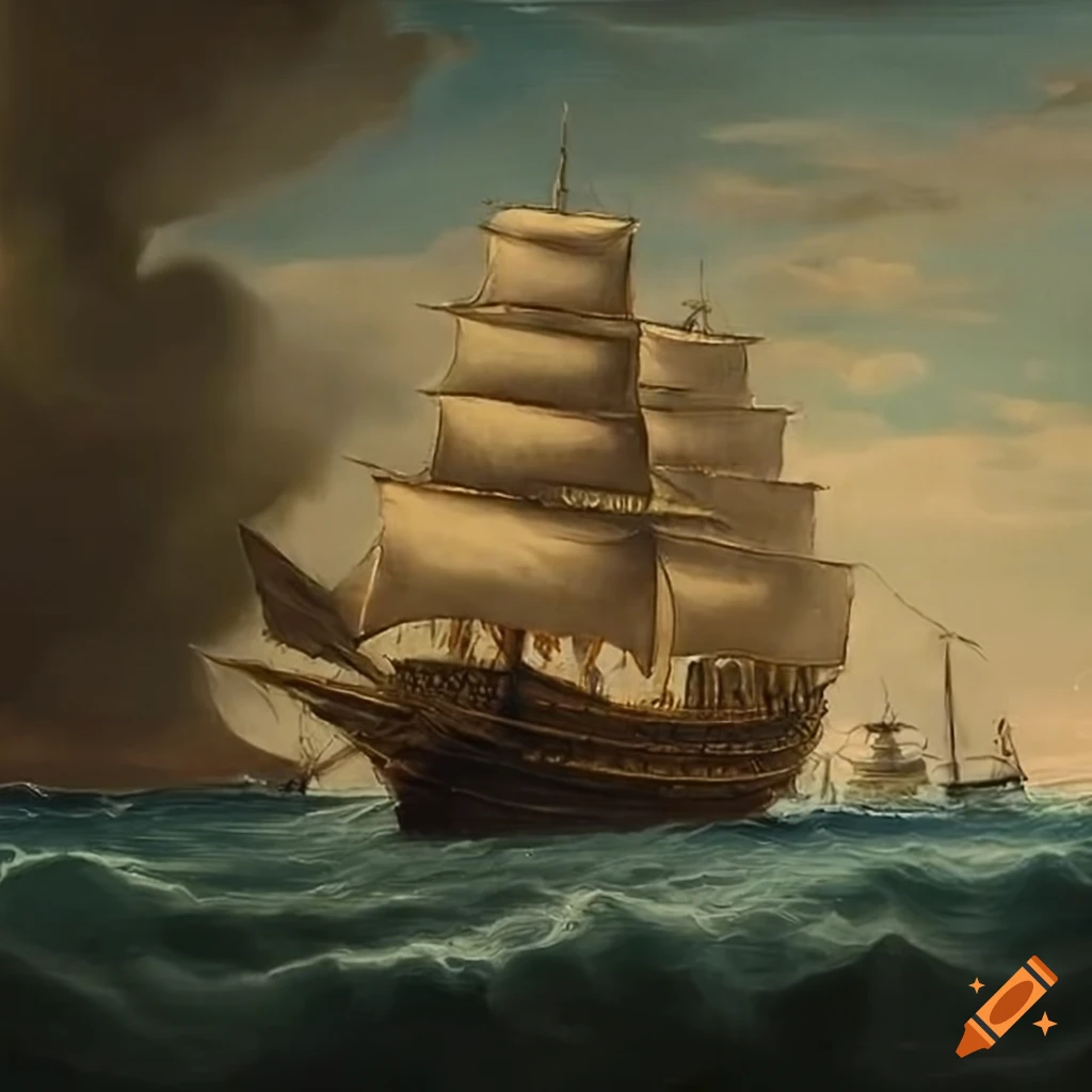 Masterwork painting of a ship at sea in a gold frame
