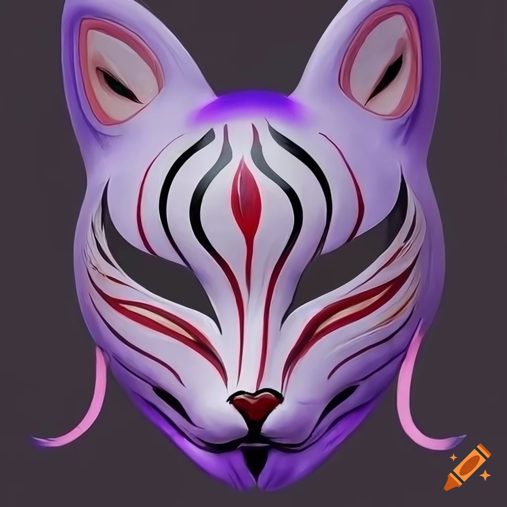 Highly detailed purple kitsune mask on black background