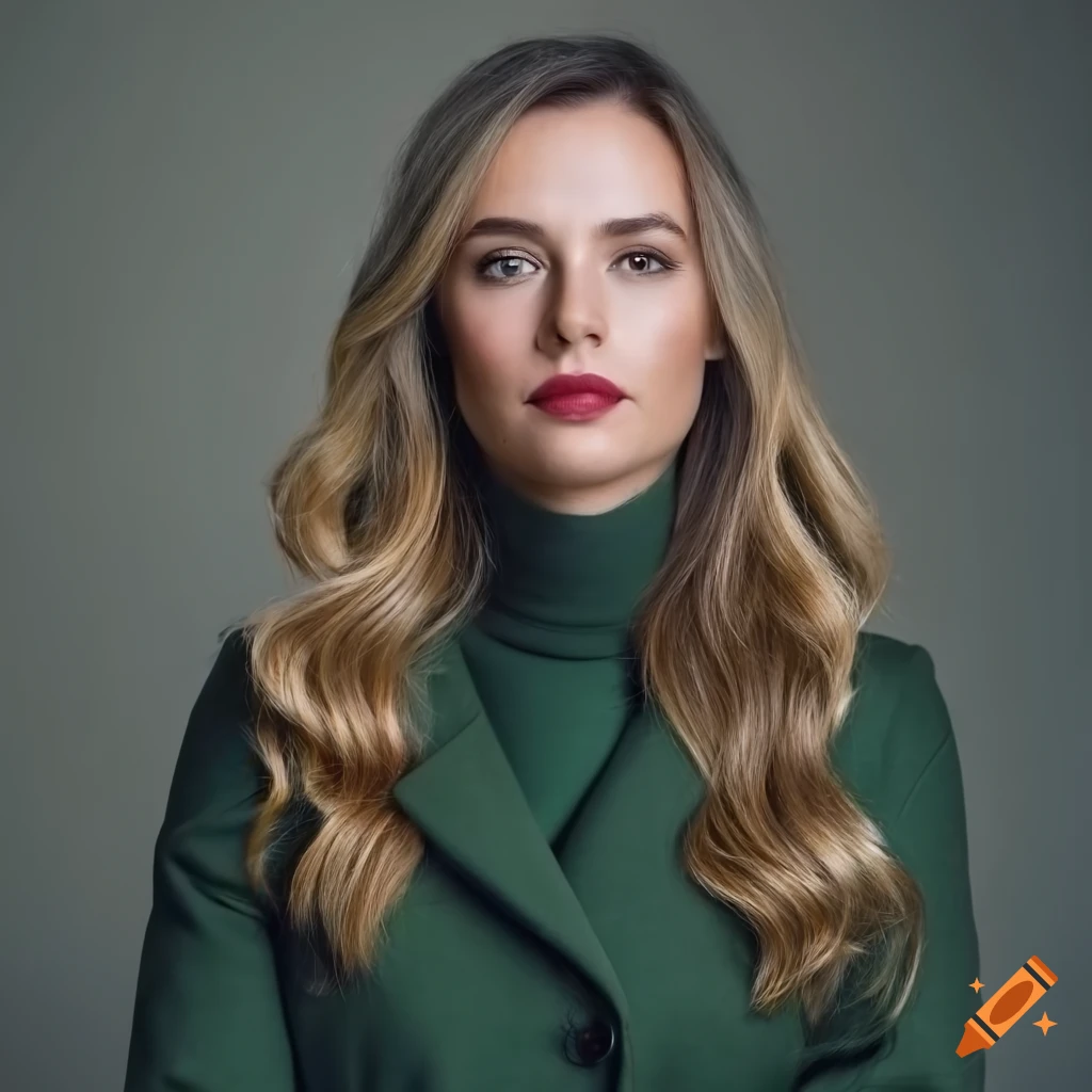 portrait of a young blonde woman in a black turtleneck and dark green coat