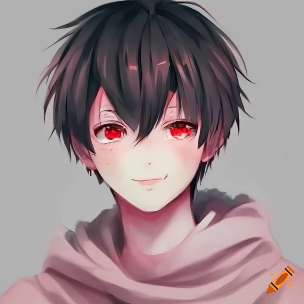 anime character with red eyes and black hair in a pink sweater