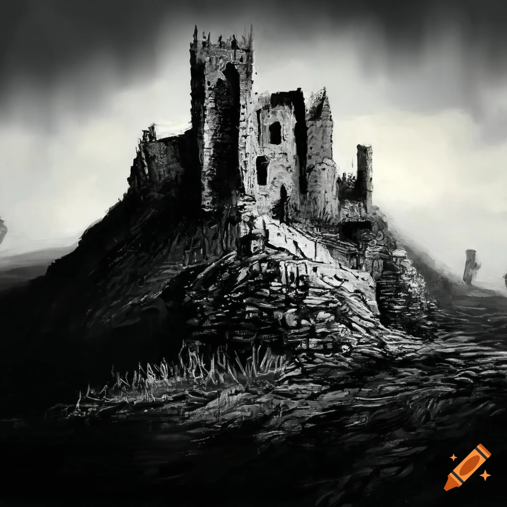 Black and white oil painting of a ruined castle near a river on Craiyon