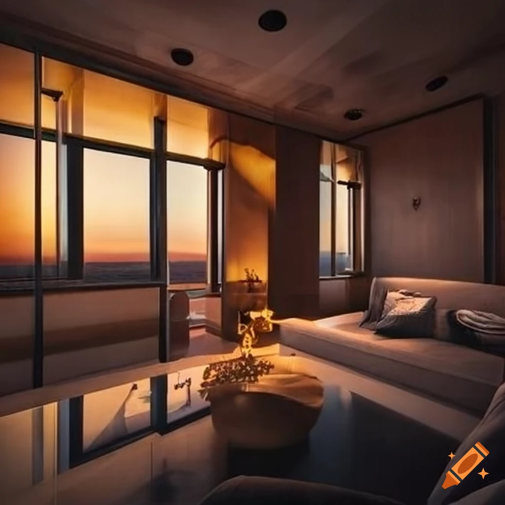 Room with flower-shaped sofa and warm sunset lighting on Craiyon