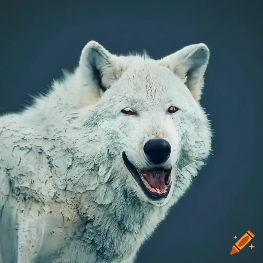 smiling white wolf covered in thick mud