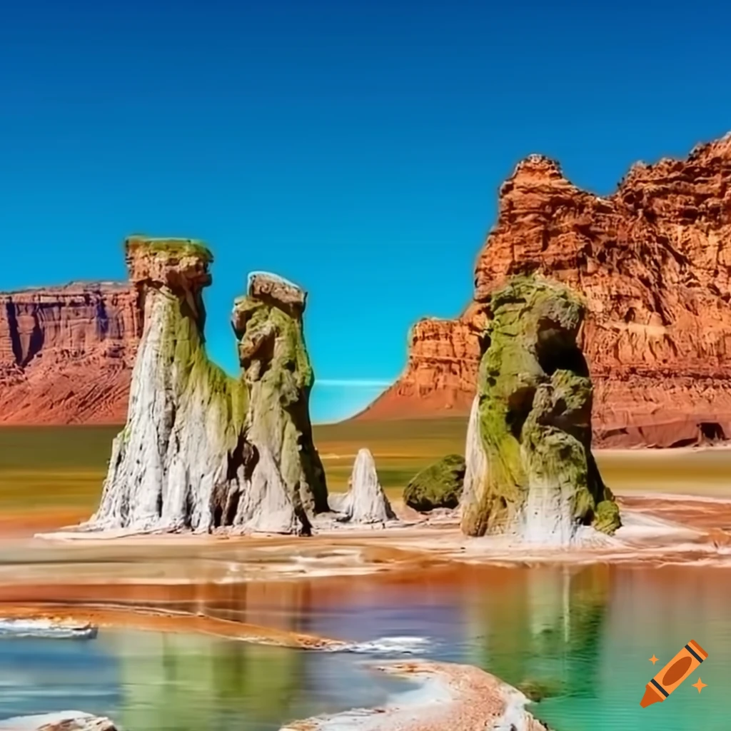 colorful desert canyon landscape with sand tufas and geysers