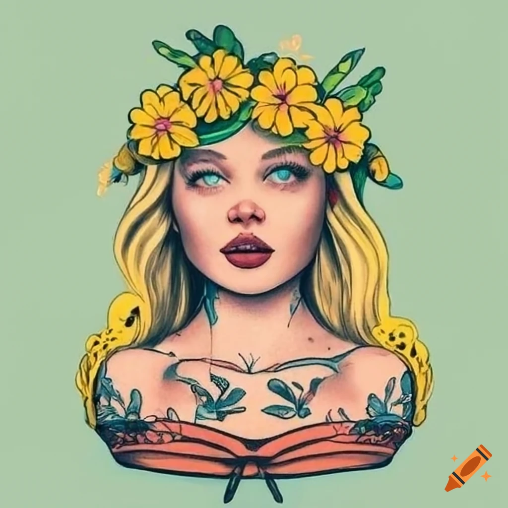 blonde girl with flower crown and sailor Jerry tattoo