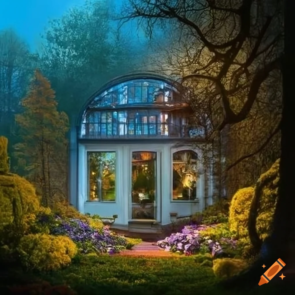 Crystal window in a garden house at dawn on Craiyon