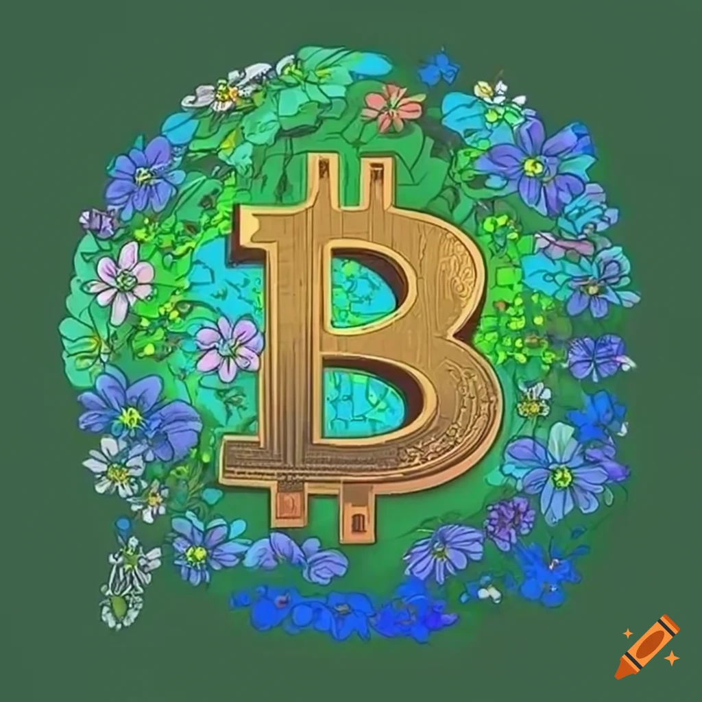 Green and blue bitcoin logo surrounded by flowers and birds on Craiyon