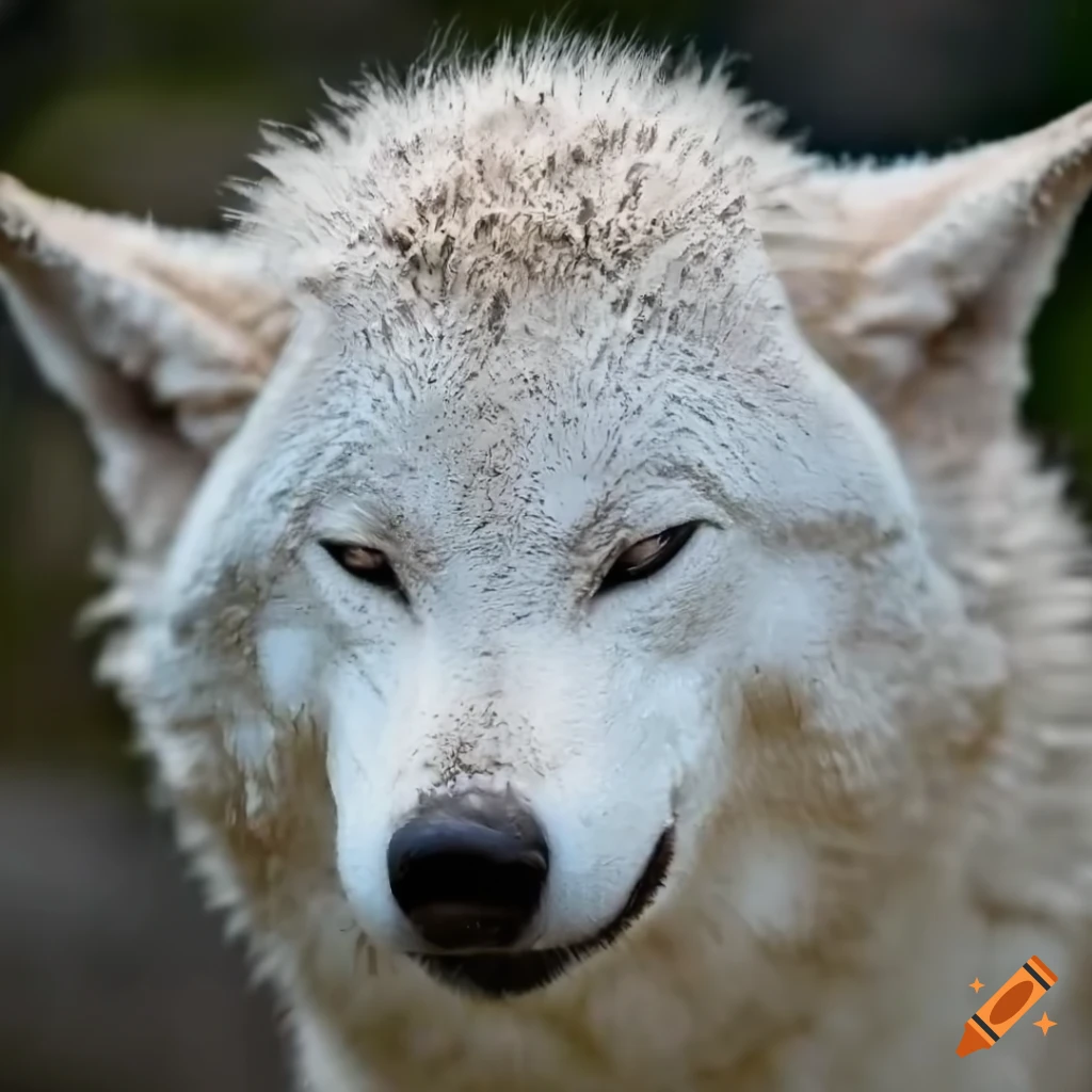 realistic artwork of a mud-covered white wolf with a smile