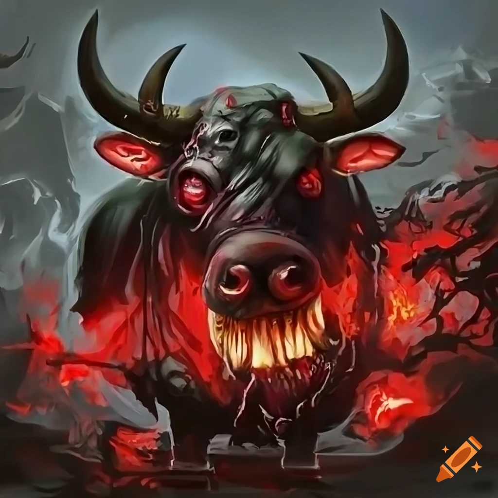 Art of a spooky zombie cow with demon eyes on Craiyon