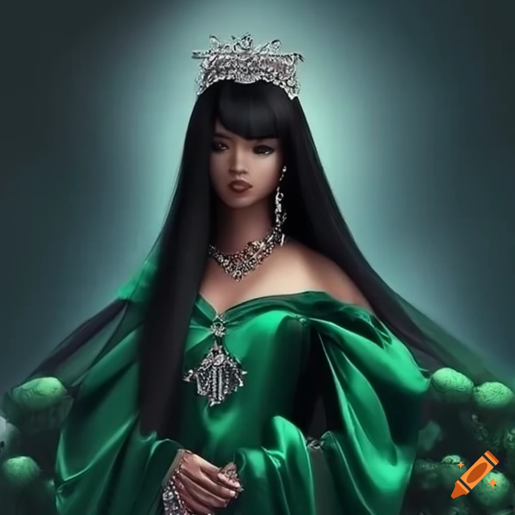 image of a beautiful princess in a green satin dress