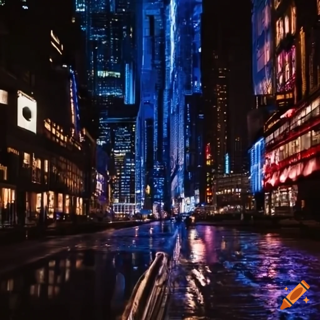 nighttime cityscape of a futuristic city in blue lights