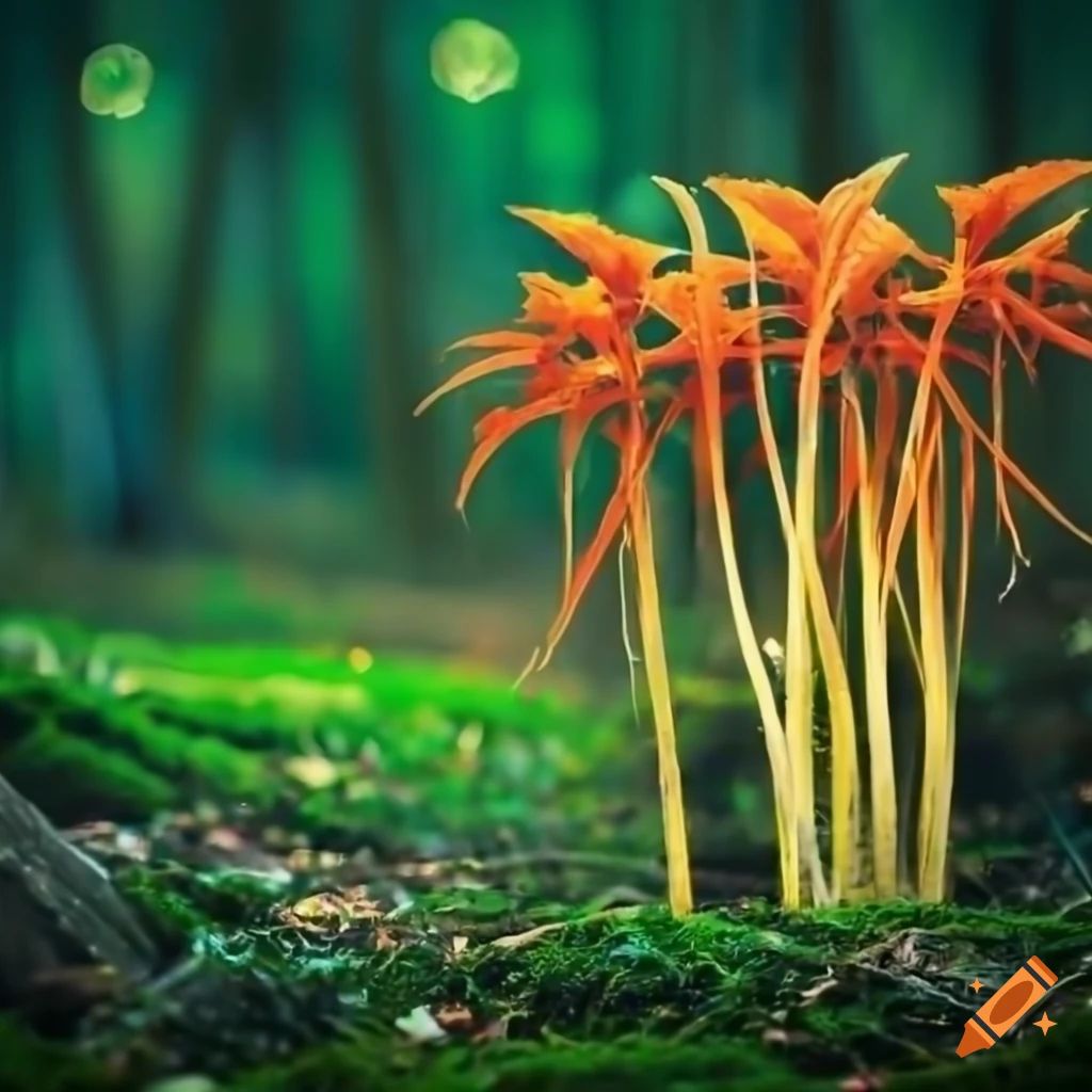 fantasy plants in a mossy forest