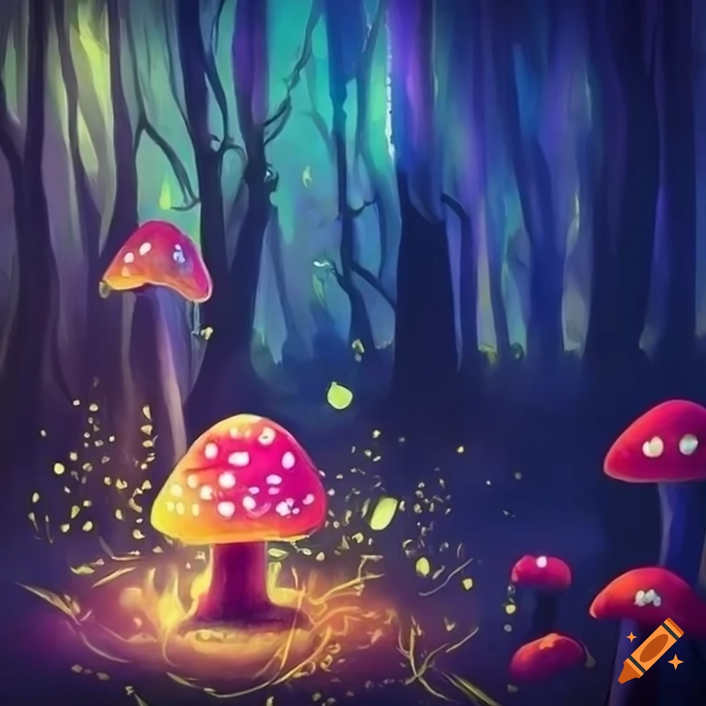 painting of a neon-lit fairytale forest at night