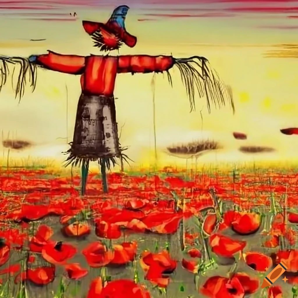 graffiti of a scarecrow in a wheat field with poppies