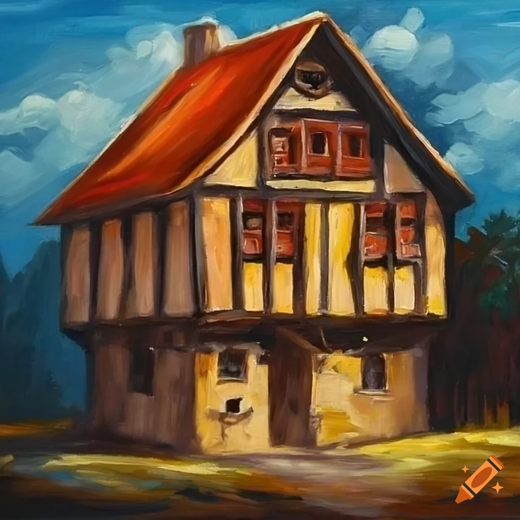 Oil painting of a medieval house