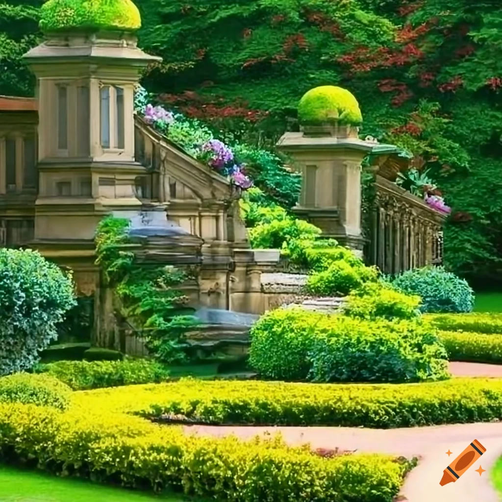 Rococo garden with white stairs and flowerbeds on Craiyon