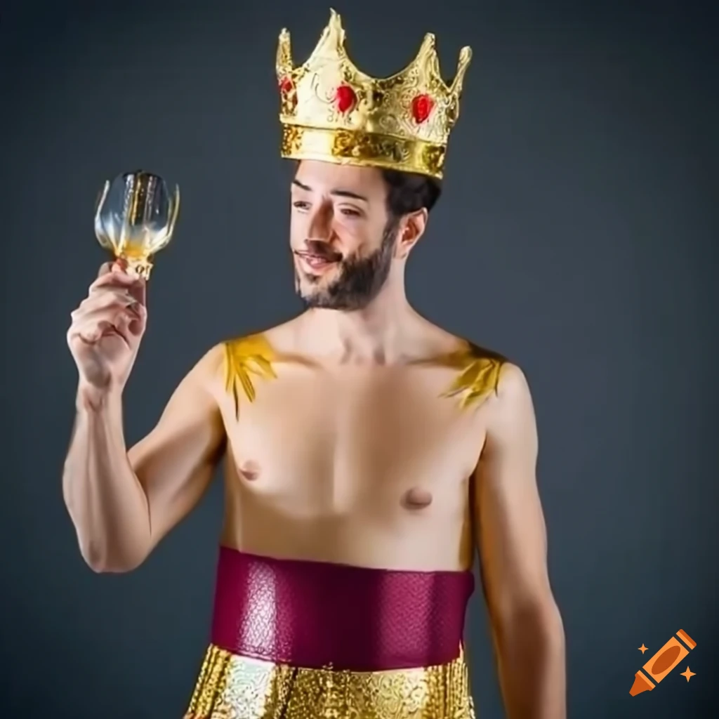 hombre vestido con ropas de rey sosteniendo copas doradas