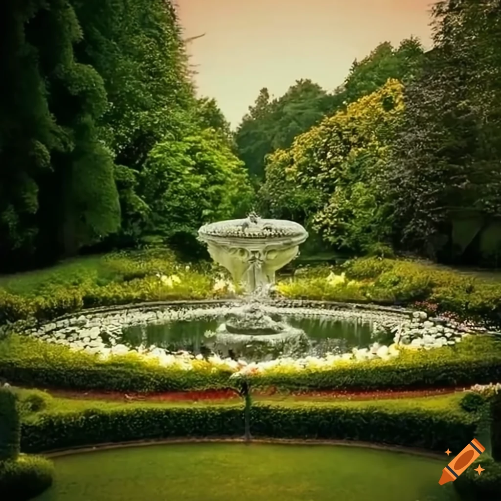 luxurious garden with a fountain and flowerbeds