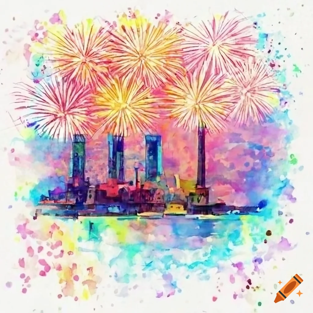 watercolor illustration of fireworks at Yokohama Port