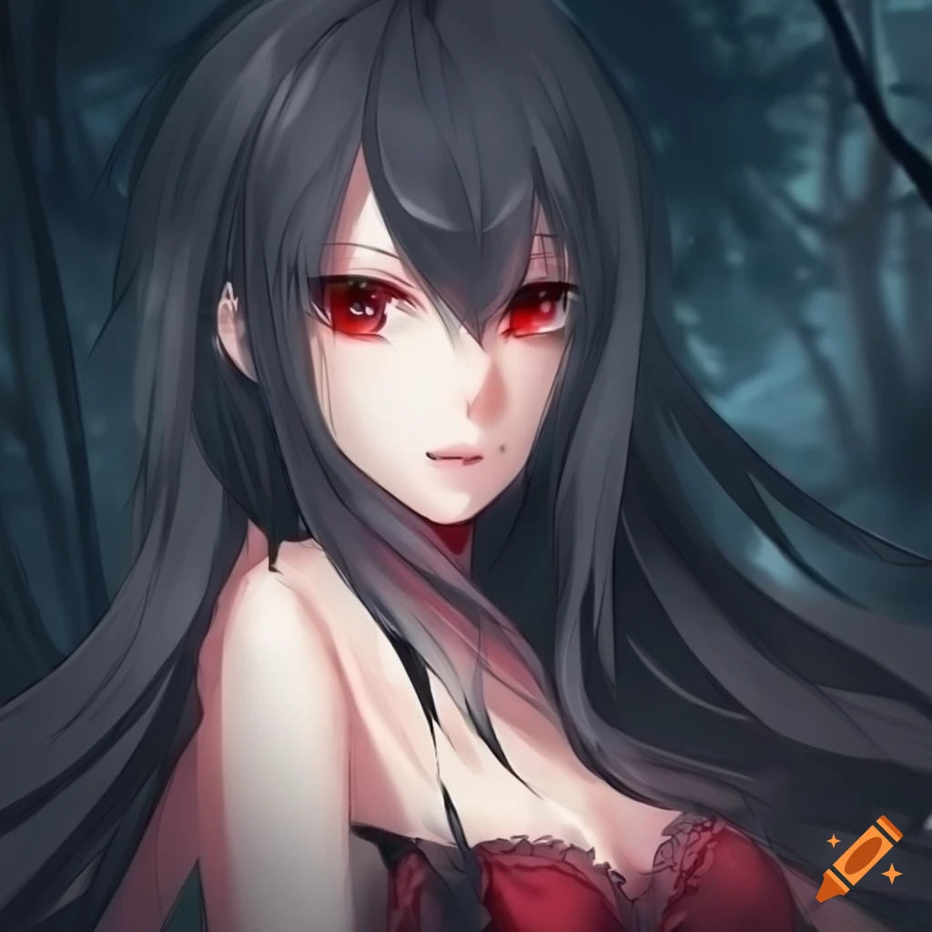 anime girl with ruby red eyes in a spooky forest