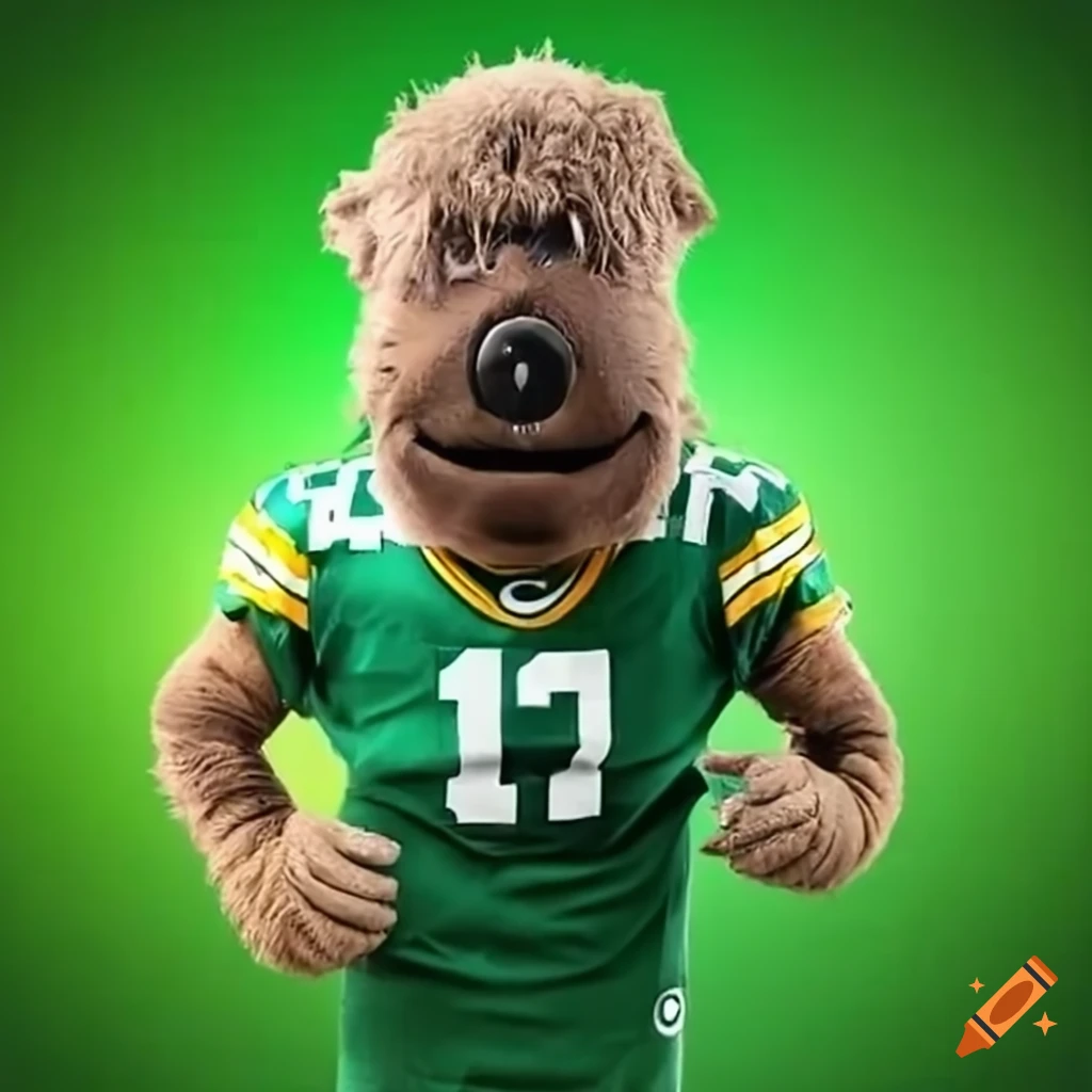 Uwgb mascot wearing green bay packers jersey and acting as a professor