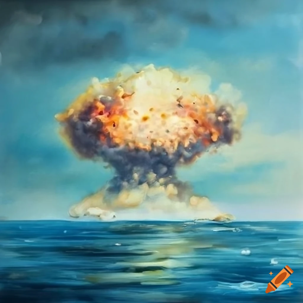 textural oil painting of an atomic explosion over a clear blue ocean