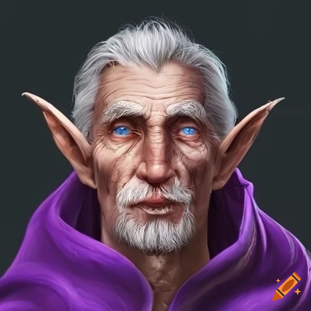 Portrait of an older elf with a purple cloak