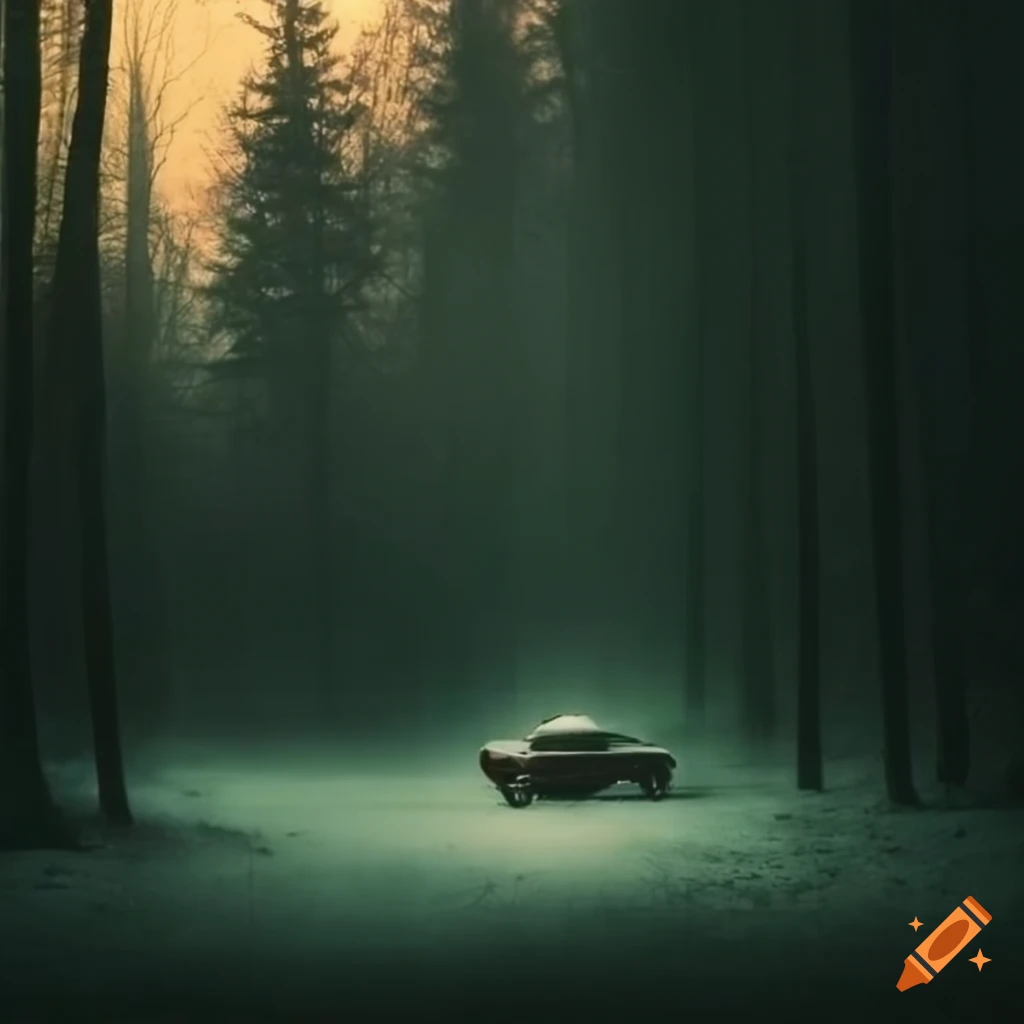 night scene of an old car in a foggy forest