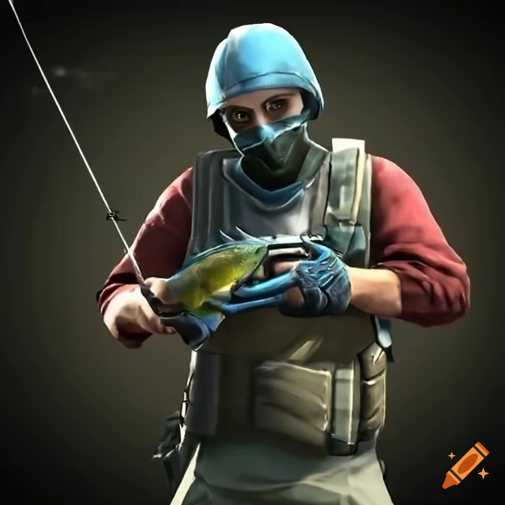 Csgo character holding a fishing rod with a fish on Craiyon