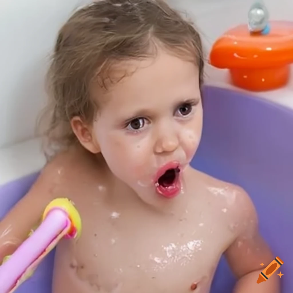 surprised toddler girl enjoying bath time with a popsicle