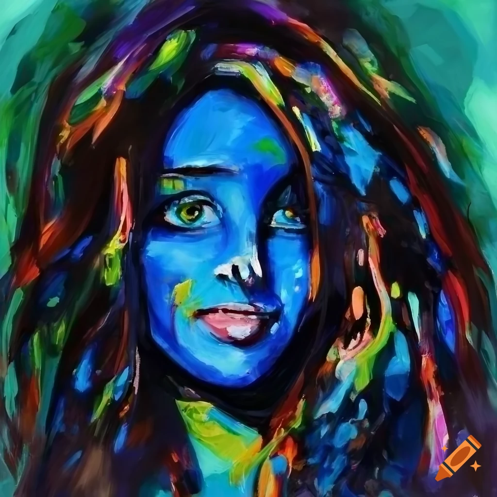 abstract painting of a person with long hair and blue eyes