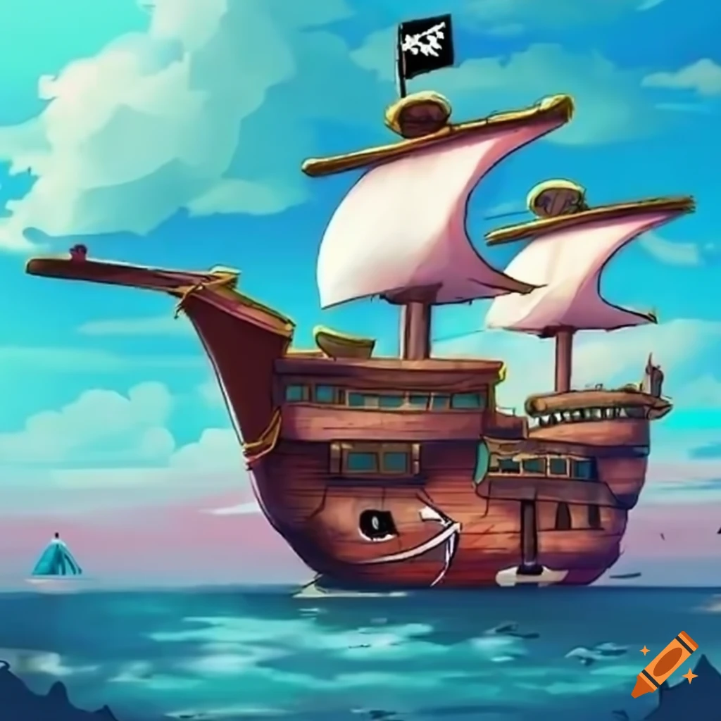 anime-style pirate ship with a rice bowl flag