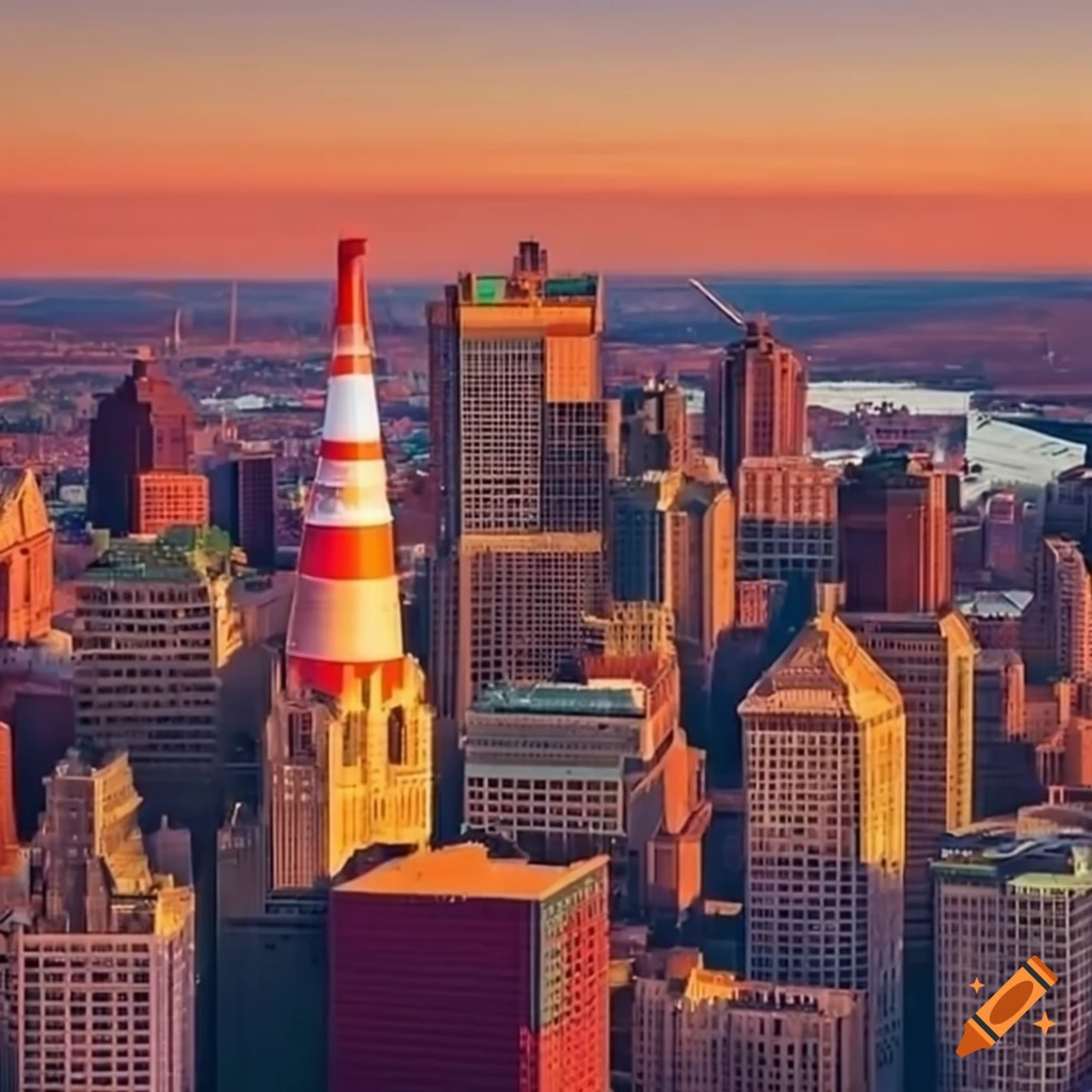 Aerial view of montreal with buildings shaped like orange traffic cones
