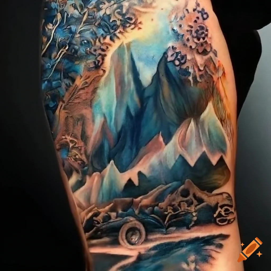 Tattoo design with mountains, flowers and waterfall on Craiyon