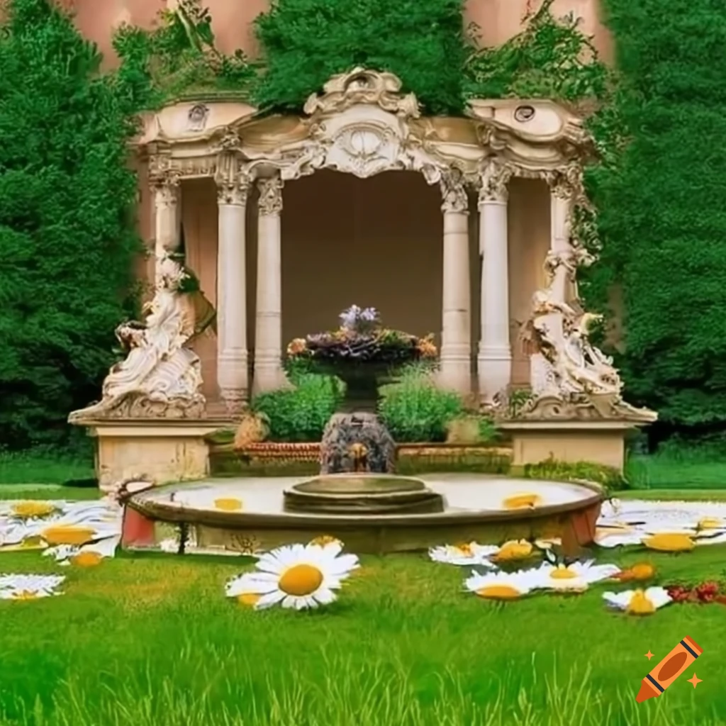 elegant garden with a fountain and flowerbeds
