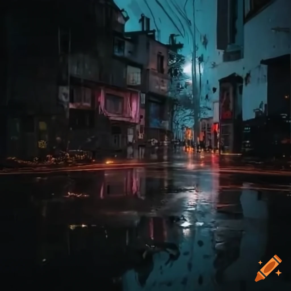 image of an Asian neighborhood at night in the rain with an abandoned notebook on the road