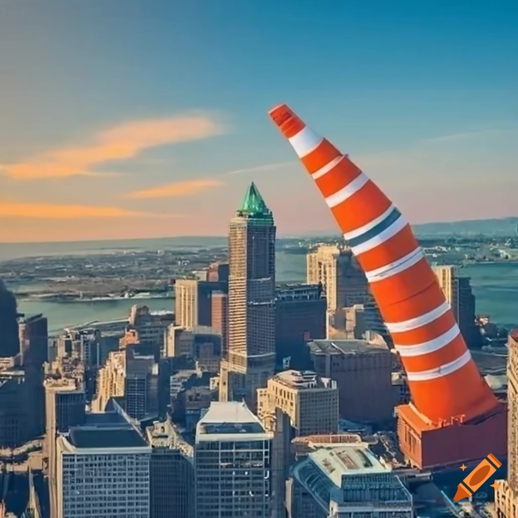 Aerial view of montreal with buildings shaped like orange traffic cones