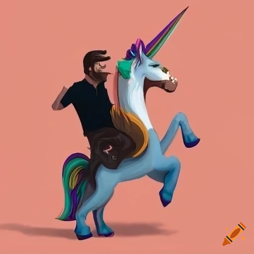 man riding a unicorn and eating a taco