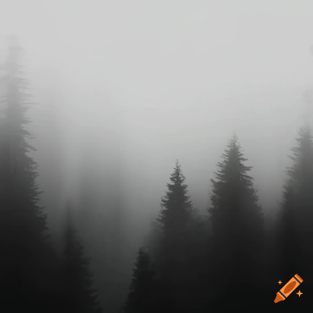Glitched black and white aerial view of a foggy forest on Craiyon
