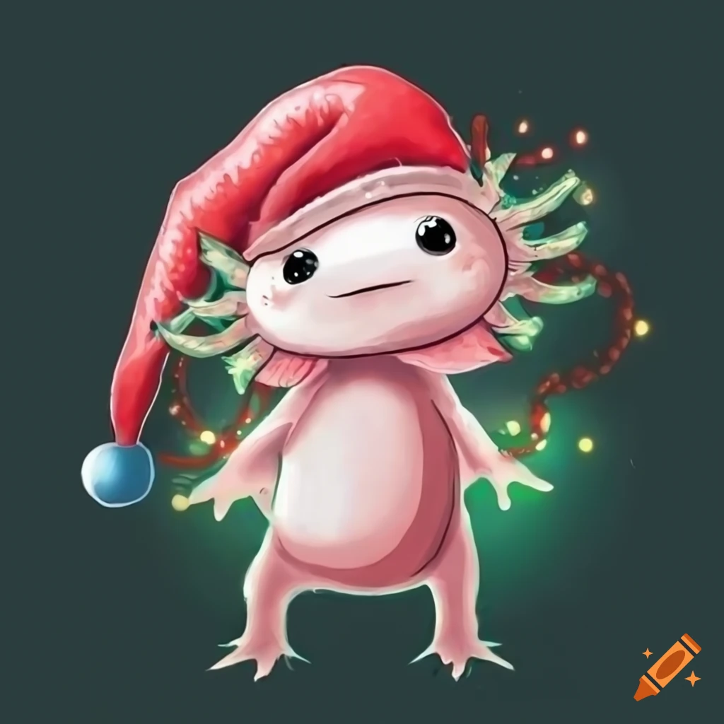 cute axolotl with christmas lights and santa hat