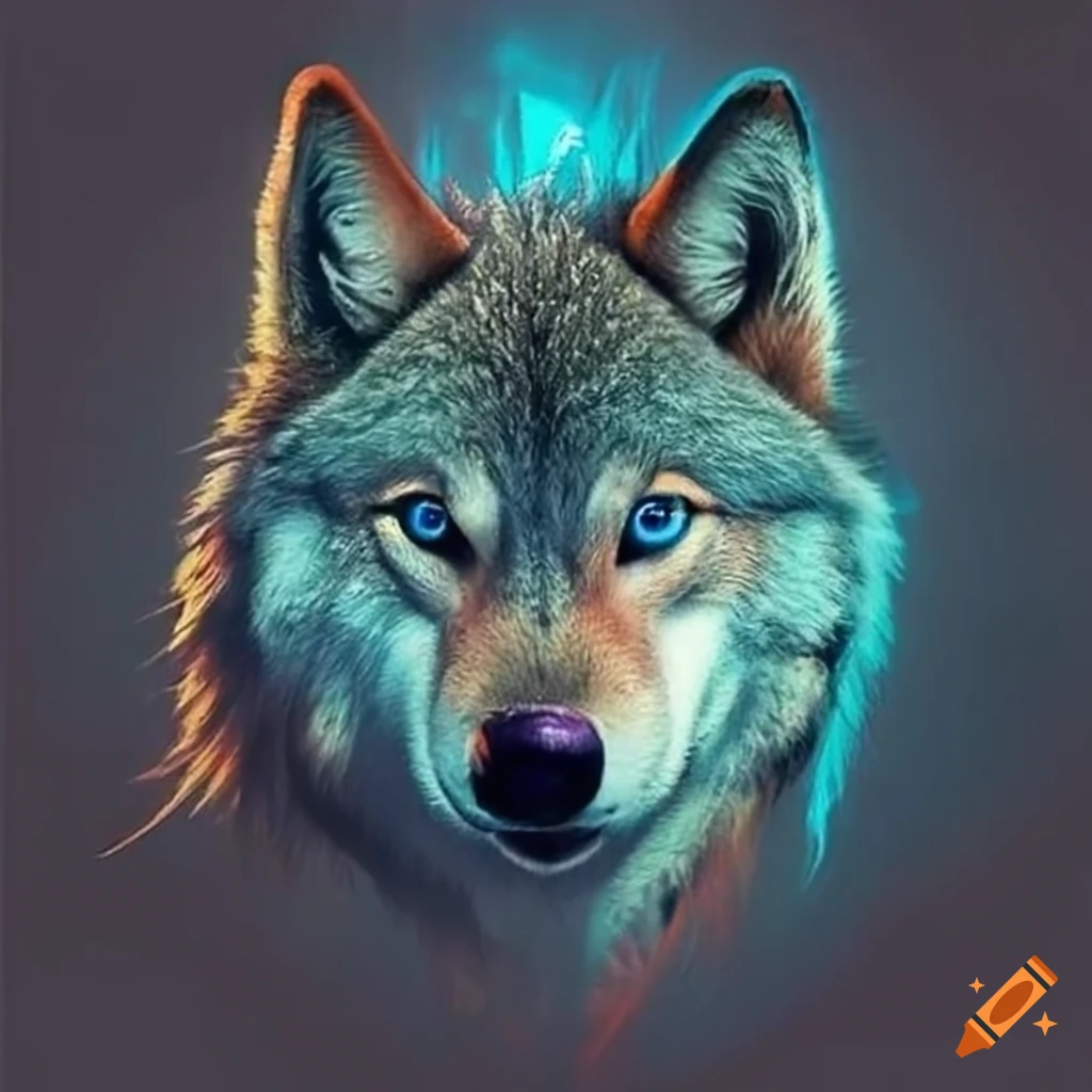 Closeup of a fierce wolf with blue eyes