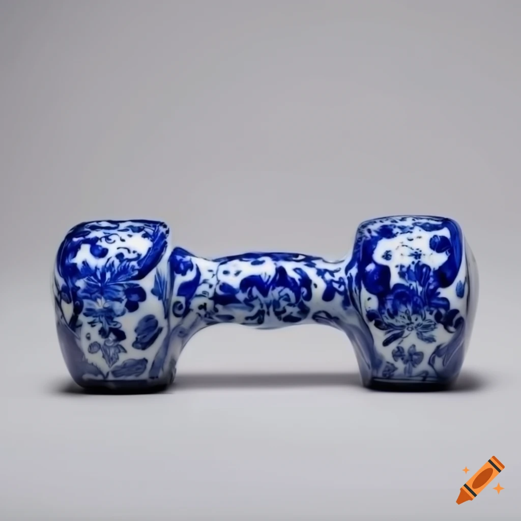 blue oriental porcelain dumbbell on white background
